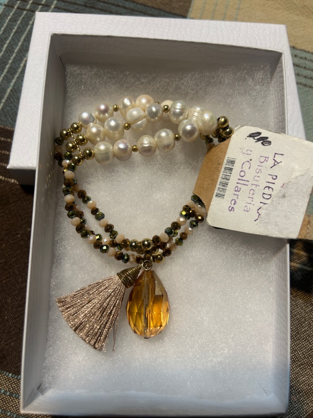 Pearl & Amber Bead Multi-Strand Bracelet with Tassel